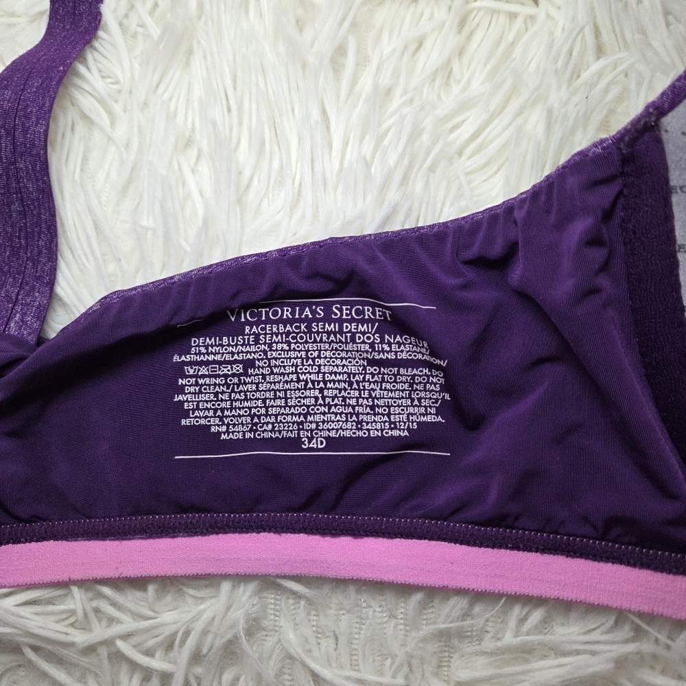 Victoria's Secret Bra Semi Demi Racerback Front Closure Underwire Purple Sz 34D - Picture 6 of 6